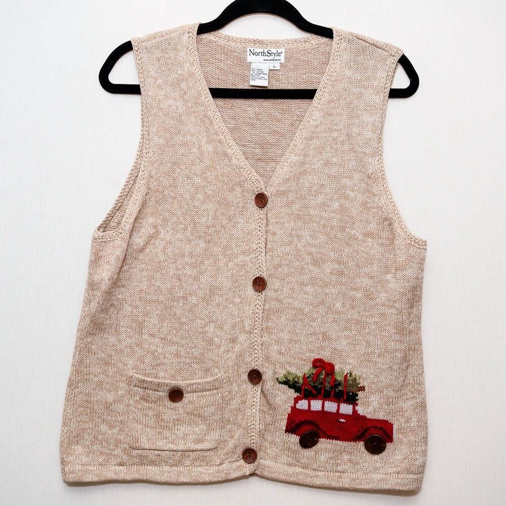 NorthStyle Vest L womens knit holiday ivory car xmas tree christmas cottagecore